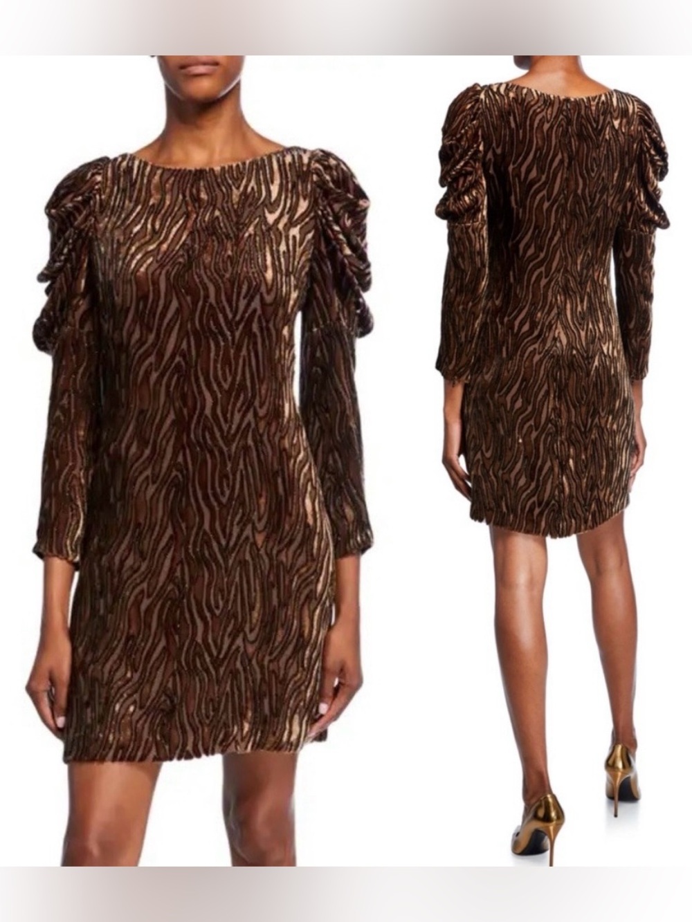 Elie Tahari Metallic Brown Zebra-Print Long Sleeve Shift Dress